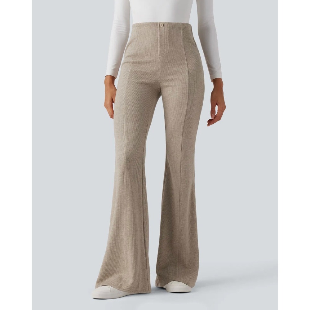 Halara Women's Ribbed High Waisted Casual Flare Pants Beige Large Tummy Control